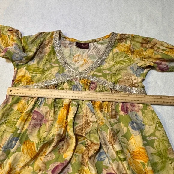 Feather Touch Floral Maxi Dress Womens M Green Sequin Trim Cottagecore Boho - Picture 7 of 12